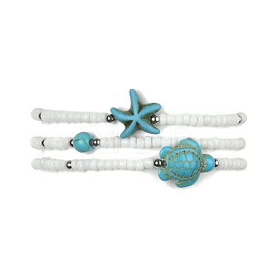 3Pcs 3 Style Synthetic Turquoise & Glass Seed Beaded Stretch Bracelets Set BJEW-TA00375-01-1