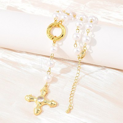 Brass Pave Clear Cubic Zirconia Cross Y Pendant Necklaces with ABS Imitation Pearl Handmade Link Chain NJEW-F364-06G-1