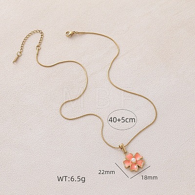 304 Stainless Steel Enamel with Imitation Pearl Flower Pendant Necklaces for Women ZA2839-2-1
