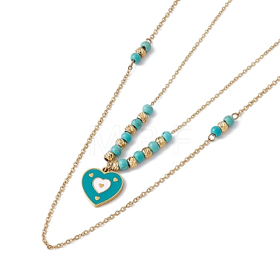 Enamel Charms Double Layer Necklace with Synthetic Turquoise Beaded NJEW-P269-20A-G-1
