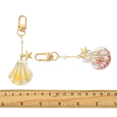 Natural Scallop Shell & Brass Rhinestone Pendant Decorations HJEW-TA00459-1