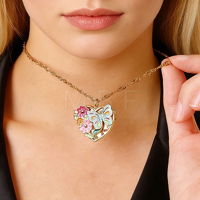 Brass Colorful Enamel Hollow Flower Butterfly Heart Locket Pendant Necklaces for Women WG264A9-01-1