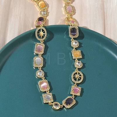 Brass Micro Pave Clear Cubic Zirconia with Multicolor Cat Eye Rectangle Square Oval Tennis Necklaces NJEW-G183-05G-1