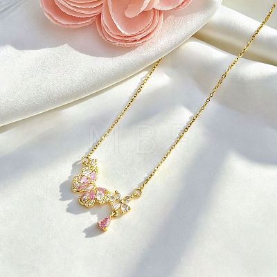 Brass Pave Cubic Zirconia Flower Butterfly Pendant 304 Stainless Steel Cable Chain Necklaces for Women WG4A53F-02-1