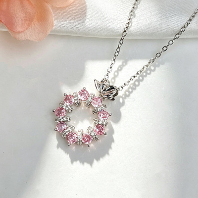 Brass Pave Pink Cubic Zirconia Ring Pendant 304 Stainless Steel Cable Chain Necklaces for Women WG07877-02-1