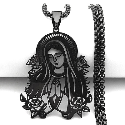 304 Stainless Steel Laser Cut Virgin Mary Pendant Box Chain Necklaces FS-WG69F53-03-1