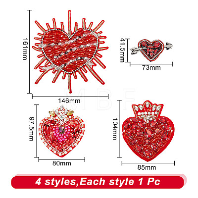 GOMAKERER 4Pcs 4 Style Heart Shape Rhinestone Appliques PATC-GO0001-05-1