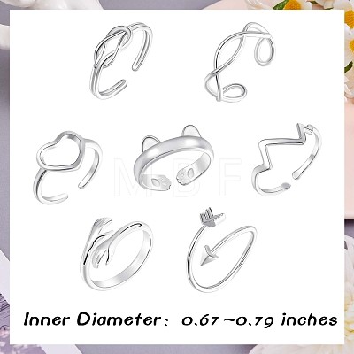 7Pcs 7 Style Heart & Cat & Wave & Arrow & Hug Hand & Knot Brass Open Cuff Rings for Women JR917A-1