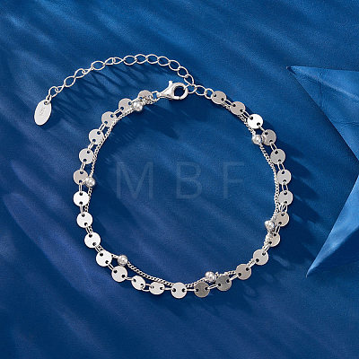 Rhodium Plated 925 Sterling Silver Satellite & Flat Round Link Chains Double-Layer Multi-strand Bracelet STER-M116-09P-1