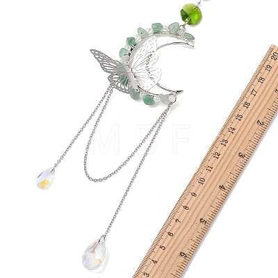 3Pcs Natural Rose Quartz & Aquamarine & Green Aventurine Chips & Brass Moon & 304 Stainless Steel Butterfly Suncatcher HJEW-TA00449-1