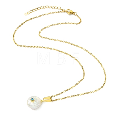 Brass Pave Cubic Zirconia and Natural Keshi Pearl Coin Pendant 304 Stainless Steel Cable Chain Necklaces for Women NJEW-JN06120-1