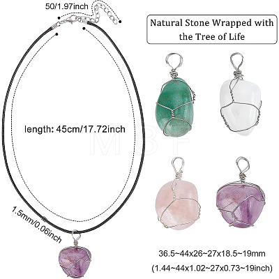 BENECREAT 4Pcs 4 Style Natural Gemstone Wire Wrapped Pendant Necklaces NJEW-BC0001-05-1