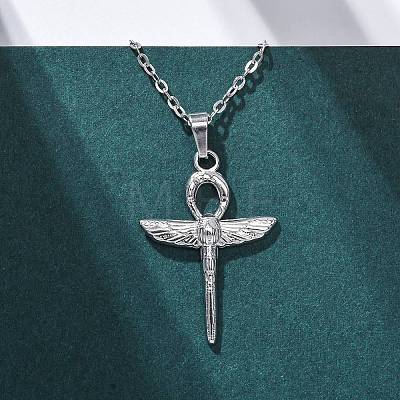 Ankh Cross with Wings 304 Stainless Steel Pendant Necklaces NJEW-H059-08P-1