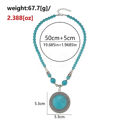 Vintage Alloy with Dyed Synthetic Turquoise Bohemian Flat Round Pendant Round Beaded Necklaces for Women DH5504-1-1