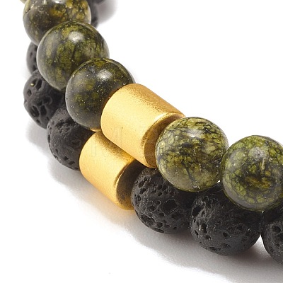 2Pcs 2 Style Natural Serpentine/Green Lace & Lava Rock Round Beaded Stretch Bracelets Set with Column Synthetic Hematite BJEW-JB07575-1