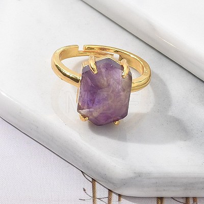 Hexagon Natural Amethyst Finger Rings RJEW-B113-02G-06-1