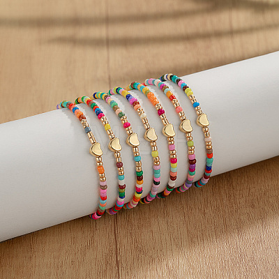 7Pcs CCB Heart & Glass Seed Round Beads Stretch Bracelets FS-WG8F785-01-1