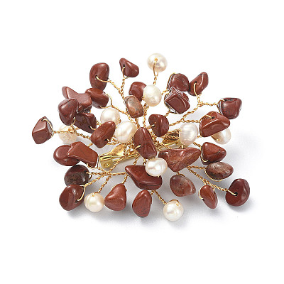 Natural Red Jasper Chips & Pearl Beaded Flower Brooch Pin JEWB-BR00098-02-1