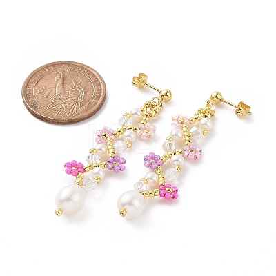 Natural Pearl with Glass Seed Flower Dangle Stud Earrings EJEW-MZ00026-1