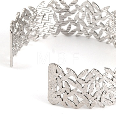 Non-Tarnish 304 Stainless Steel Hollow Leaf Open Cuff Bangles for Women BJEW-K241-03D-P-1