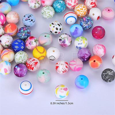 Printed Round with Leaf Pattern Silicone Focal Beads SI-JX0056A-114-1