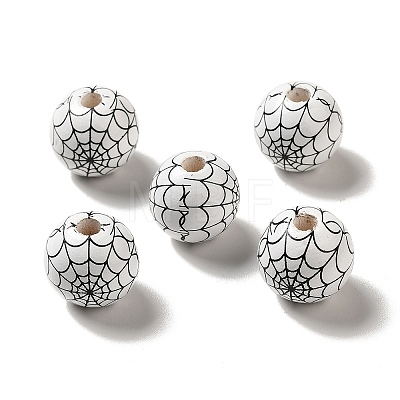 Halloween Printed Spider Webs Colored Wood European Beads WOOD-K007-04G-1