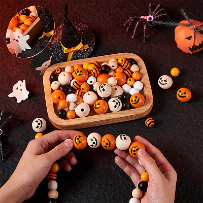 Craftdady 140Pcs Halloween Theme Painted Natural Wood Beads WOOD-CD0001-19-1