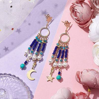Glass Seed Beads & Shell Pearl Chandelier Earrings EJEW-TA00488-1