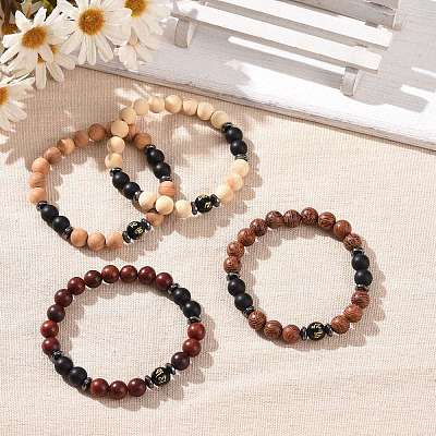 Wooden & Non-magnetic Synthetic Hematite Beaded Bracelet Sets BJEW-JB09063-1