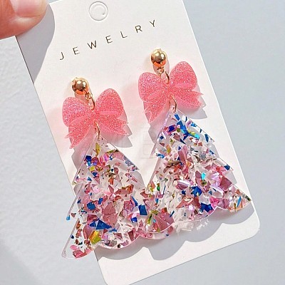 Transparent Acrylic Bowknot Christmas Tree Stud Dangle Earrings with Sequins FS-WGF0814-03-1