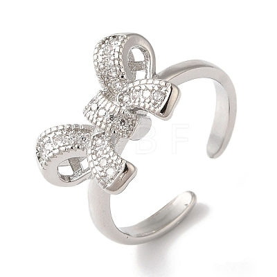 Bowknot Brass Micro Pave Clear Cubic Zirconia Open Cuff Rings for Women RJEW-C098-08P-1