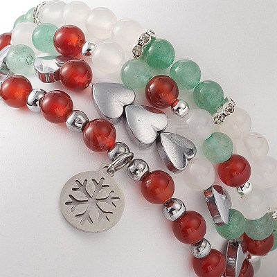 Natural Carnelian(Dyed & Heated) & Green Aventurine & White Agate Beaded Stretch Bracelet Set with Non-magnetic Synthetic Hematite Heart BJEW-JB09182-1