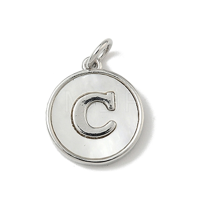 Brass Pave Natural Shell Flat Round with Letter Charms KK-Z115-13P-C-1