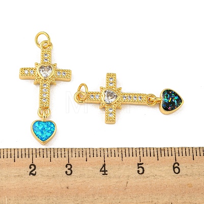 Cross with Heart Brass Pendants Micro Pave Cubic Zirconia with Synthetic Opal KK-K356-05G-1