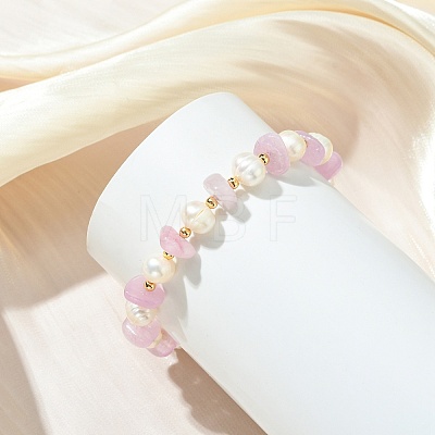 Natural Kunzite Chips & Round Cultured Freshwater Pearl Beaded Bracelets for Women BJEW-JB14004-1