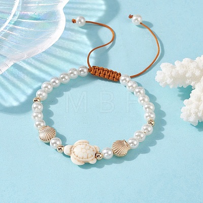 Adjustable Synthetic Turquoise & ABS Plastic Pearl Braided Bead Bracelet BJEW-JB10101-01-1