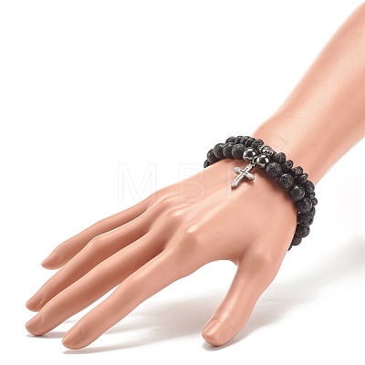 2Pcs 2 Style Natural Lava Rock & Synthetic Hematite Stretch Bracelets Set with 304 Stainless Steel Buddhist Head & Cross BJEW-JB08289-1