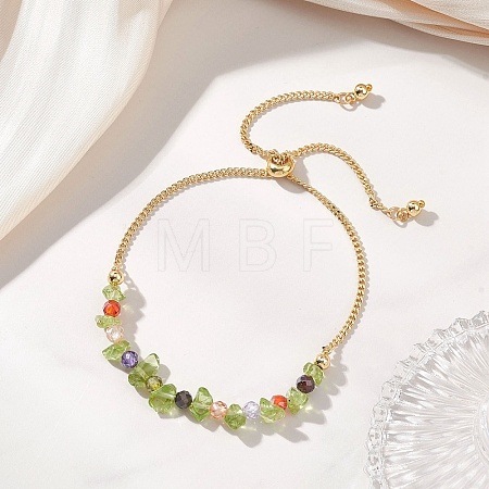 Natural Peridot Chip & Cubic Zirconia Bead Slider Bracelets for Women BJEW-JB13284-1