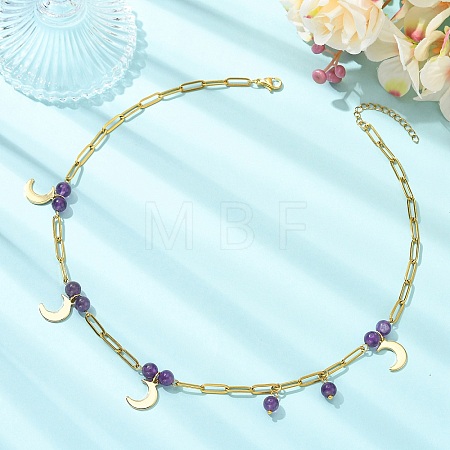 304 Stainless Steel Paperclip Chain Moon Pendant Necklaces with Natural Amethyst Beads for Women NJEW-JN06251-01-1