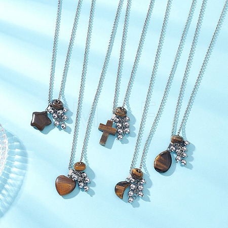 Natural Tiger Eye with Synthetic Non-magnetic Hematite Beads Cluster Pendant 304 Stainless Steel Rolo Chain Necklaces NJEW-JN05896-1