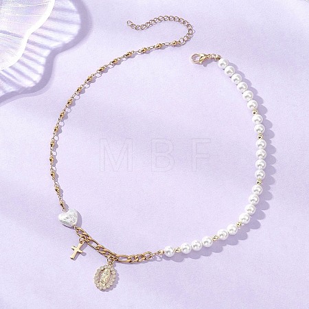 Brass Micro Pave Clear Cubic Zirconia Virgin Cross Pendant Necklaces NJEW-JN05980-1