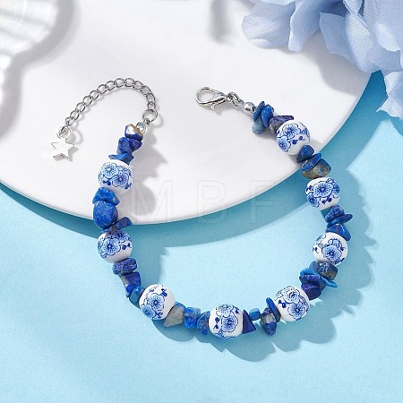 Handmade Flower Printed Porcelain Ceramic & Dyed Natural Lapis Lazuli Beaded Bracelets for Women BJEW-JB12967-1