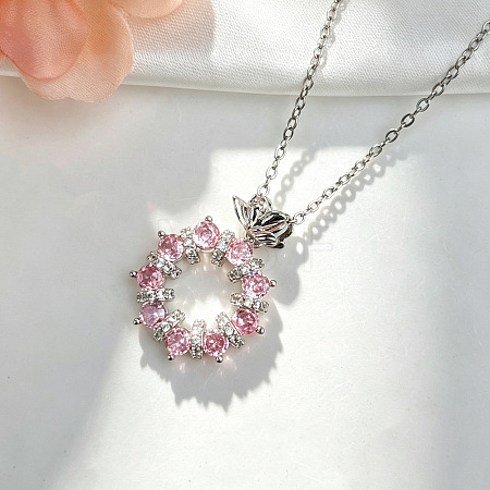 Brass Pave Pink Cubic Zirconia Ring Pendant 304 Stainless Steel Cable Chain Necklaces for Women WG07877-02-1