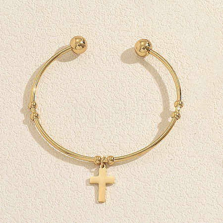 201 Stainless Steel Religion Cross Charm Open Cuff Torque Bangles for Women DV6397-1-1