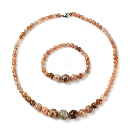 Natural Agate Round Beads Bracelets & Necklaces Sets SJEW-L132-22-1