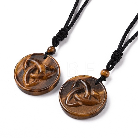 Adjustable Natural Tiger Eye Sailor's Knot Pendant Necklace with Nylon Cord for Women NJEW-L171-02A-1