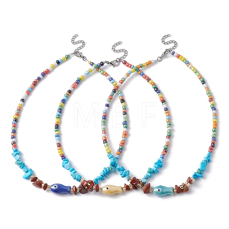 Natural Red Jasper & Howlite Chips & Porcelain Fish Beaded Necklace with Alloy Clasps NJEW-JN04367-1