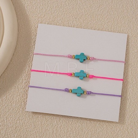 3Pcs Dyed Synthetic Green Turquoise & Brass Beaded Braided Bead Bracelets QB7029-14-1