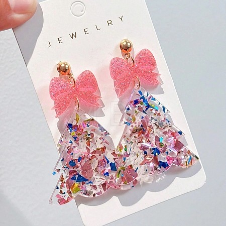 Transparent Acrylic Bowknot Christmas Tree Stud Dangle Earrings with Sequins FS-WGF0814-03-1