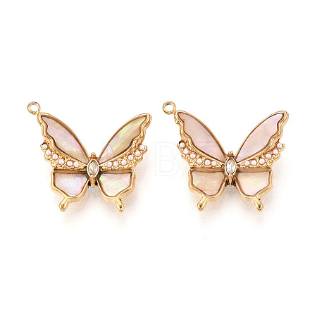 304 Stainless Steel & Shell & Rhinestone & ABS Imitation Pearl Butterfly Pendants STAS-T073-67B-G-1